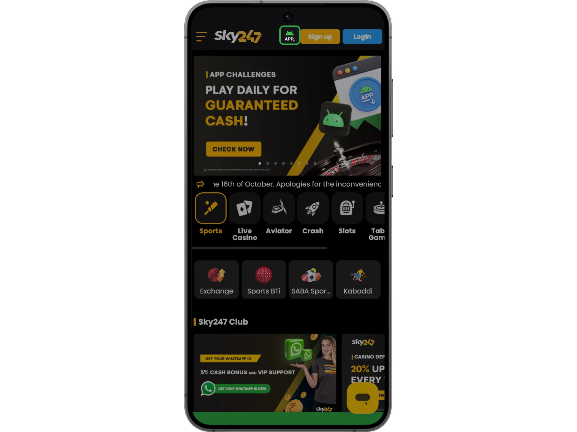 Download the Sky247 online casino app for sports betting and slot games.