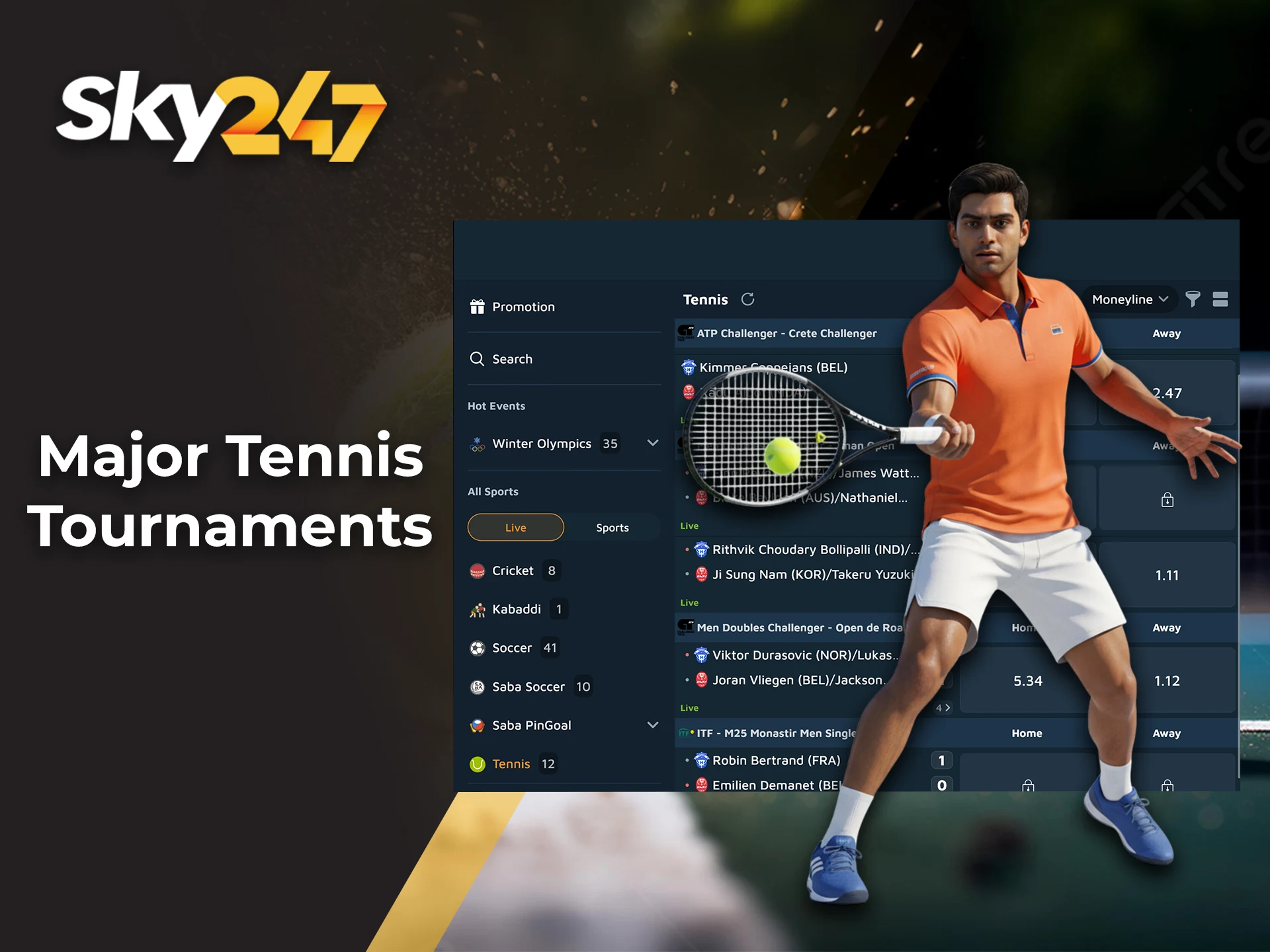 Place pre-match and live bets on top tennis tournaments at Sky247.