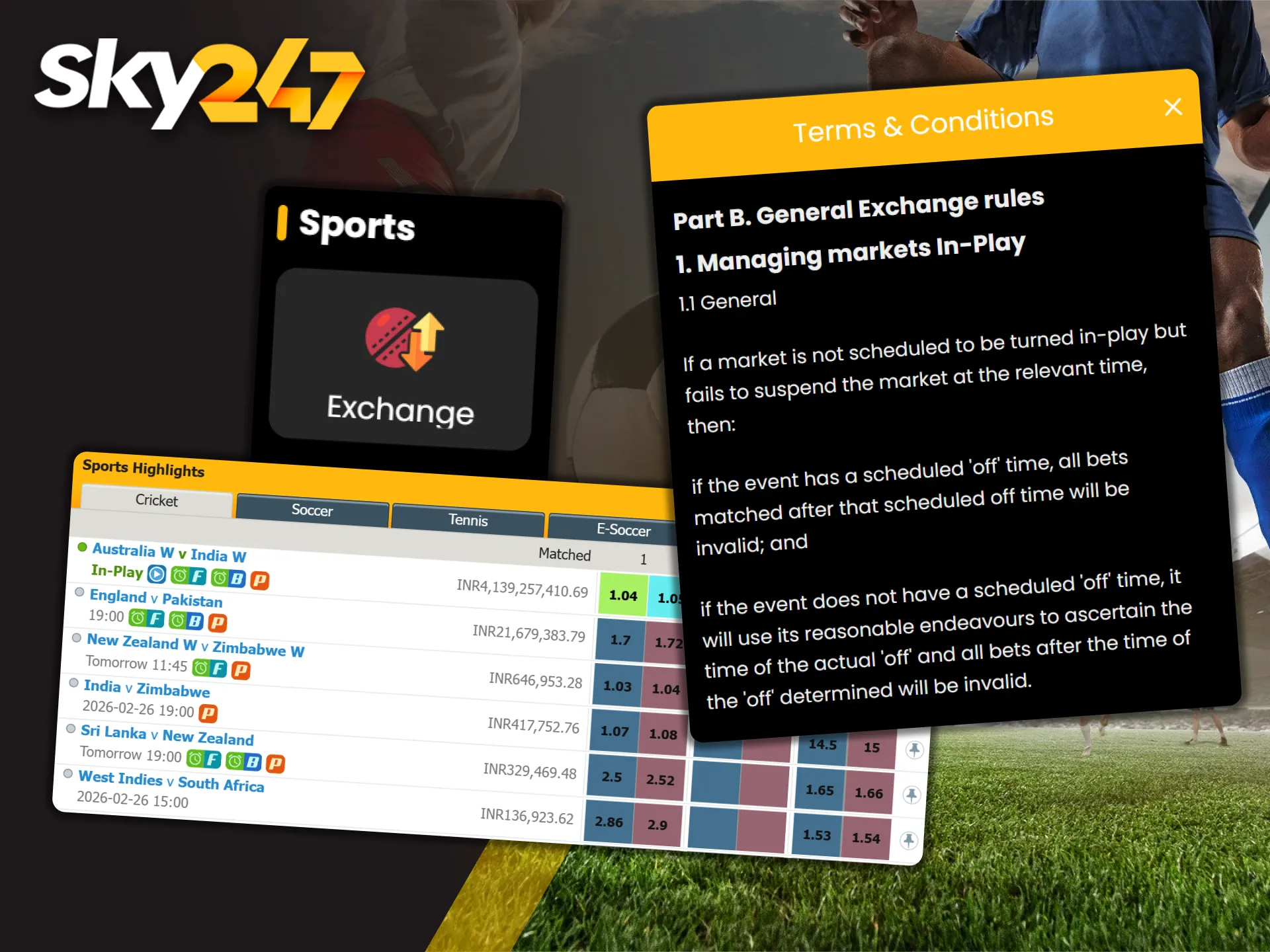 Rule text explains market operations on the Sky247 exchange.