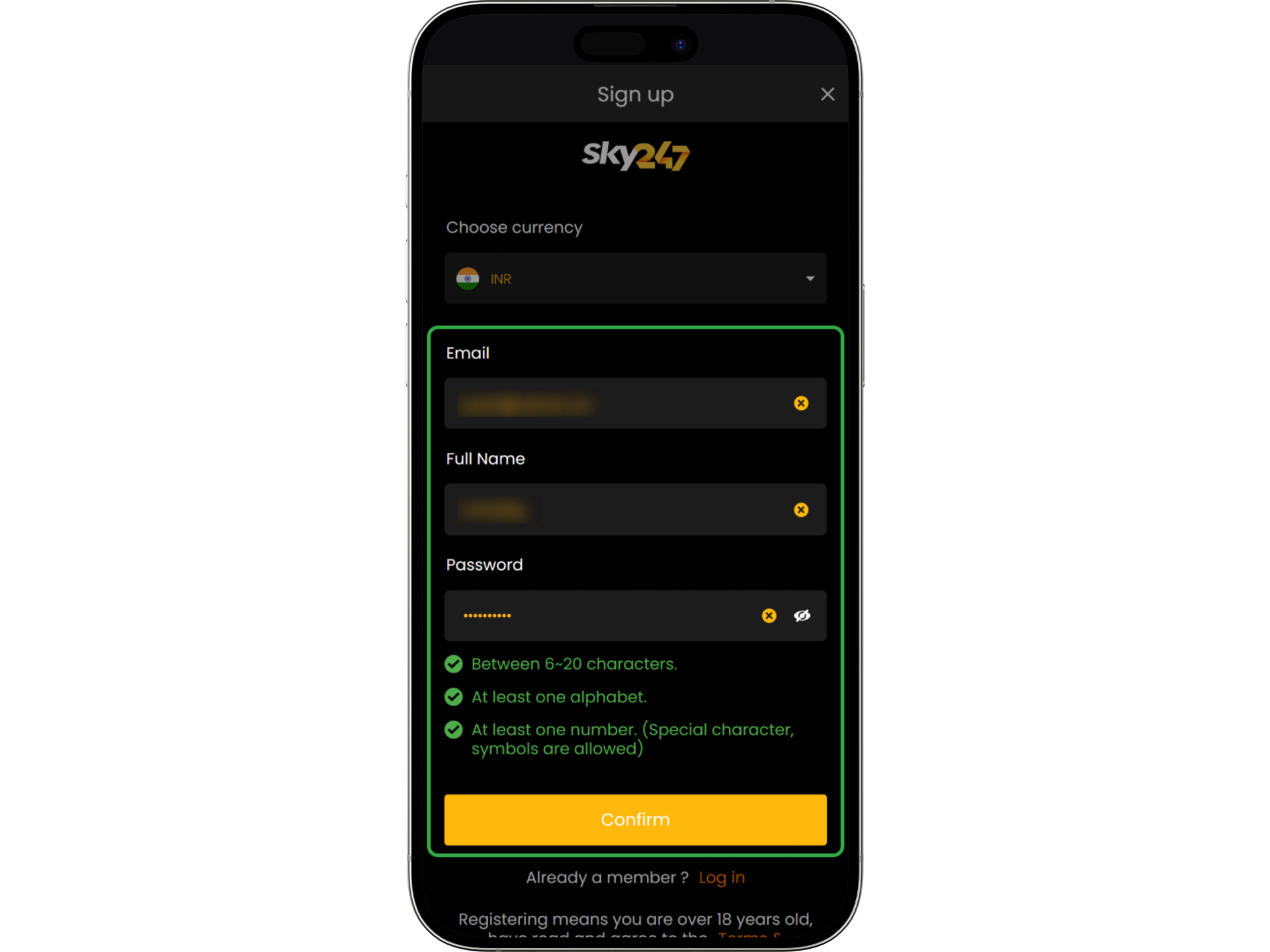 Form fields are filled to create a profile on Sky247.