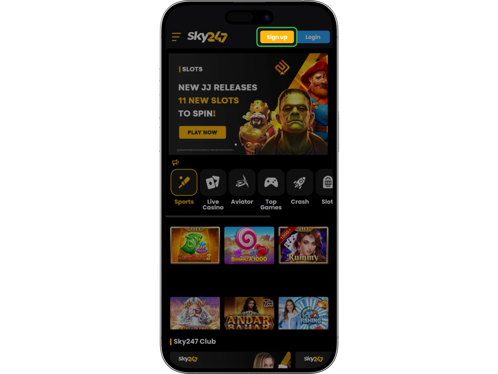 A registration button opens the sign-up window at Sky247.